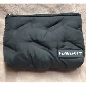 Newbeauty Black Thick Quilted Small Cosmetic Bag Pink Lining 9x7"